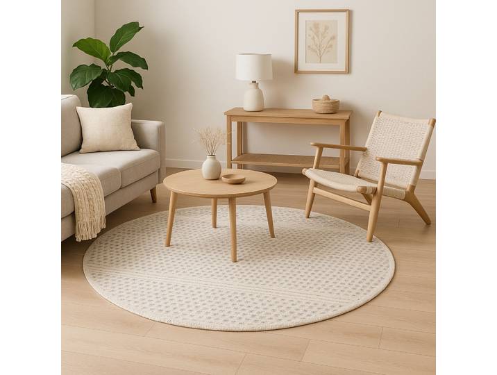 Wollteppich Wooly Nature , beige (natur,weiß), H:10mm Ø:150cm, Baumwolle, Wolle, MYFLAIR MÖBEL & ACCESSOIRES, Teppiche, Wollteppich, Handwebteppich, reine Wolle, Scandi Design, handgewebt, Wohnzimmer