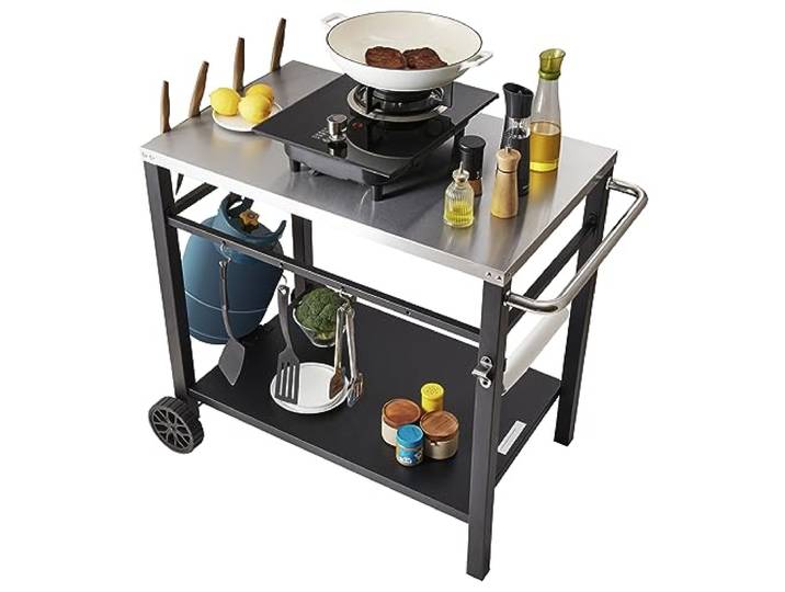 VEVOR Chariot de Barbecue\, Table de Barbecue Extérieur 85 x 55 x 83\,5 cm\, Chariot de Service avec Double Etagère\, Table de Gril Mobile\, Plateau de Table Multifonctionnel en acier inoxydable