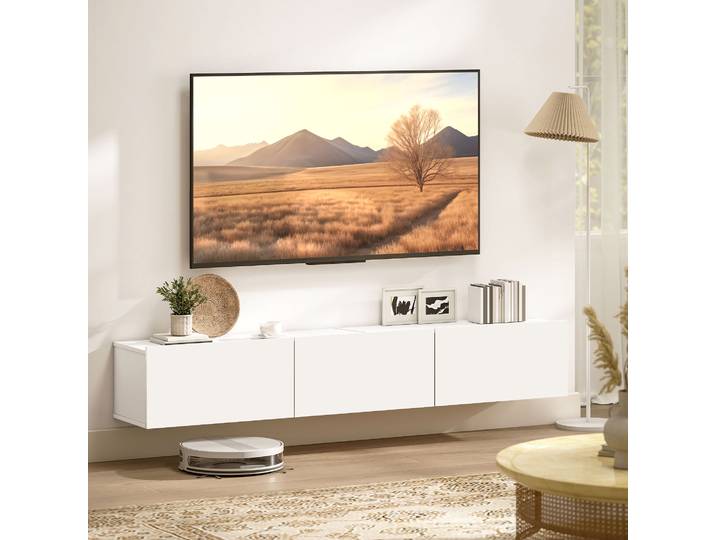 HOMCOM Meuble TV Suspendu Blanc Laqué 3 Armoires Fermeture Douce