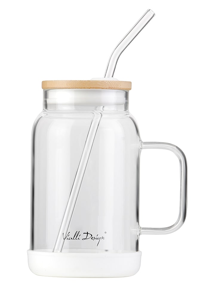 Vialli Design Glas mit Trinkhalm in Weiß - 600 ml - onesize