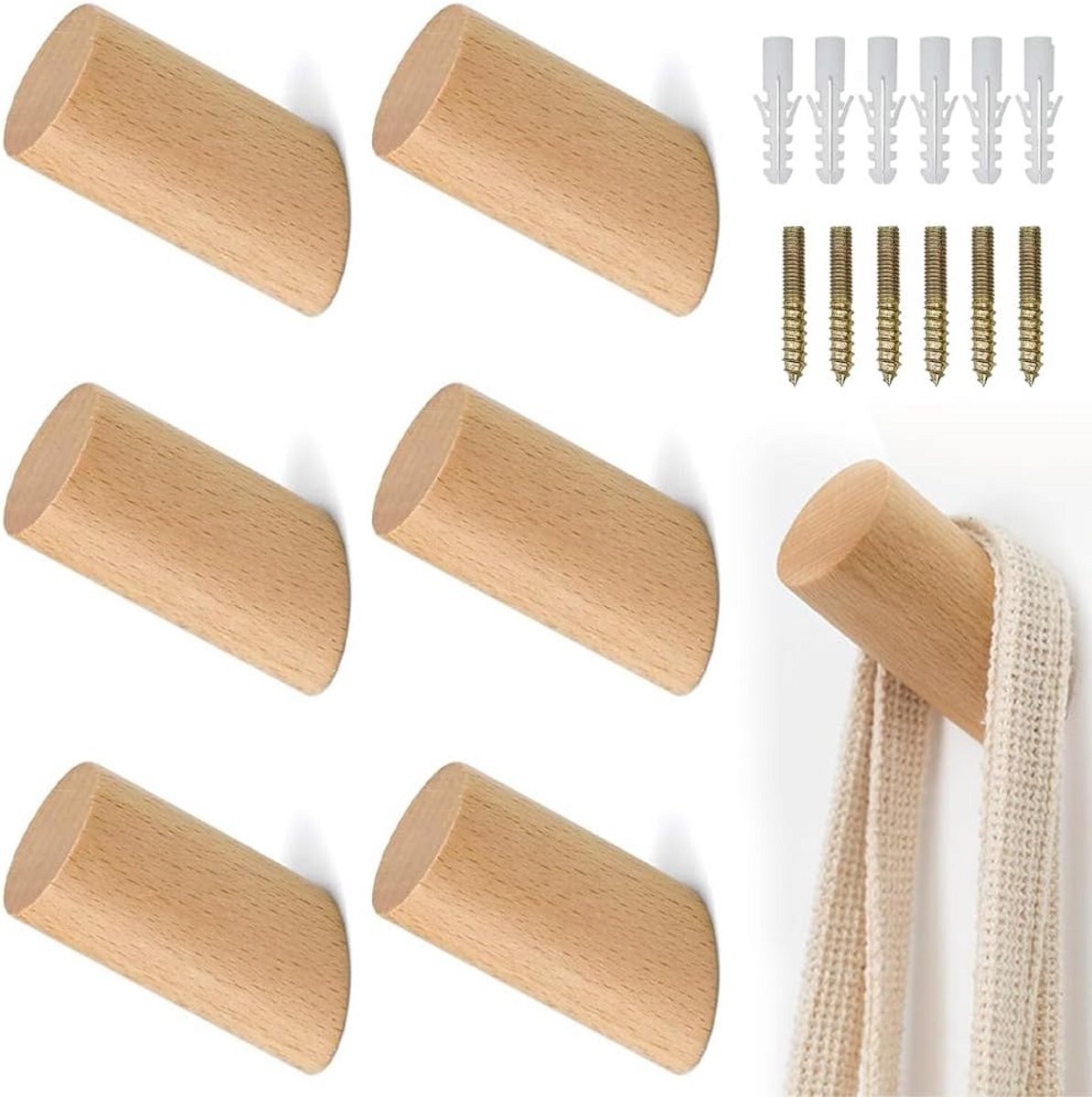 Set van 6 ronde houten wandhaken voor kleding en accessoires