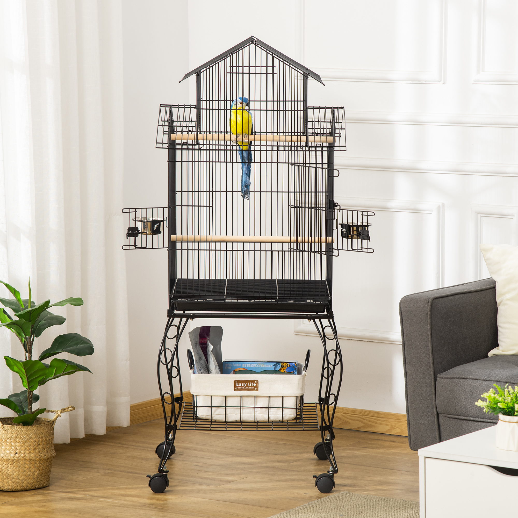 Pawhut Gabbia per Uccelli da Interni in Acciaio e Legno con Vassoio Estraibile, 4 Ruote, Trespolo e Contenitore per Alimenti, 50x49x137cm, Nero Aosom