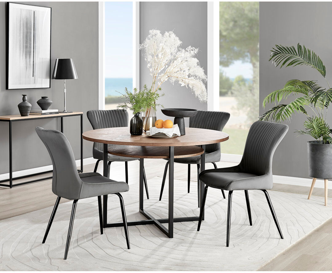 Canora Grey Round Wood Effect Dining Table With Storage Shelf & 4 Velvet Dining Chairs Dark Grey/Black 4
