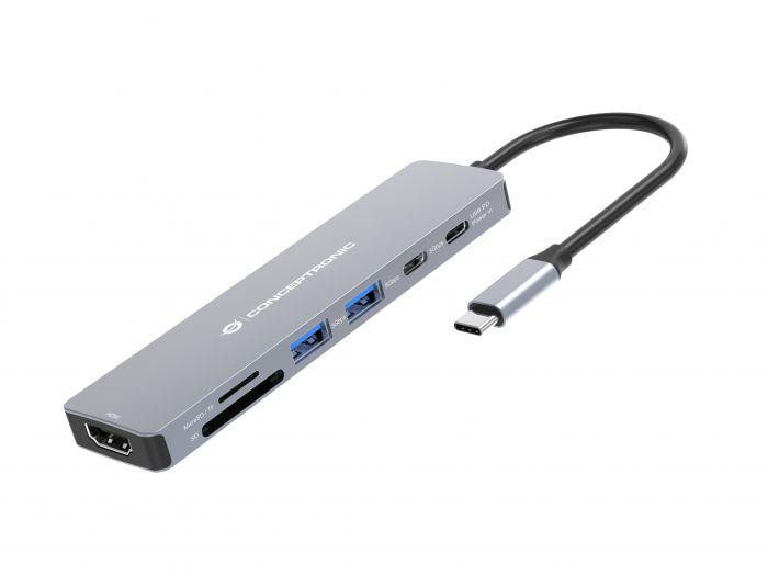 Conceptronic DONN28G 7-in-1 USB 3.2 Gen 1 Dockingstation 4K60Hz HDMI USB-A 5Gbps x 2 USB-C 5Gbps SD TF/MicroSD 100W USB PD