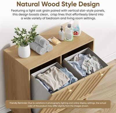 PARISLOFT Oak-Tone Sloping Laundry Cabinet with Two Removable Fabric Inner Baskets - 27.36 x 13.8 x 27.8''