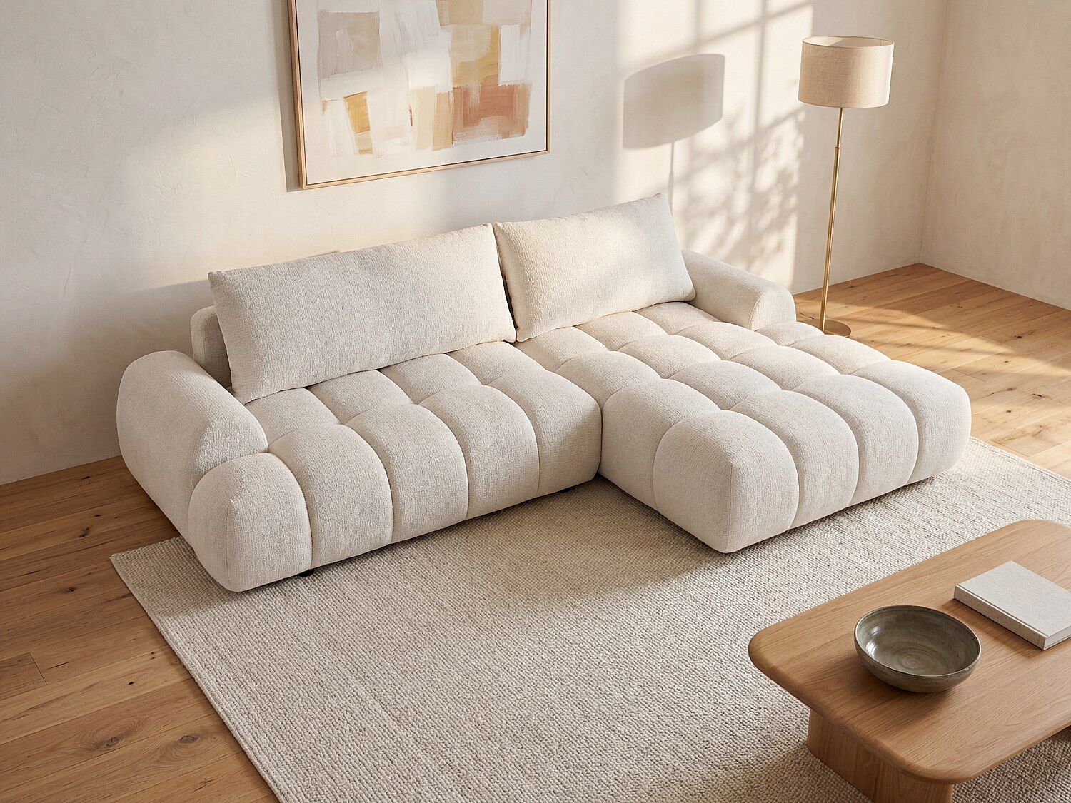 Unique Sofá cama rinconera derecha en chenilla beige - FARNETA