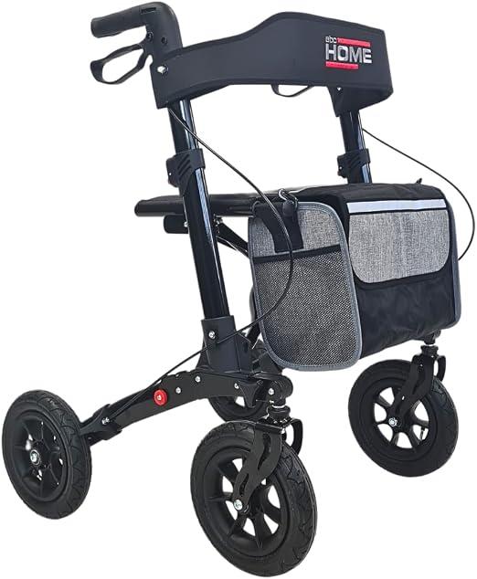 Outdoor Rollator mit Luftreifen - Faltbare Gehhilfe mit Tasche & Sitz - Höhenverstellbar 82-96cm - 9,5 Zoll Luftbereifung für jedes Gelände - Belastbar bis 135kg - Mobilitätshilfe Schwarz