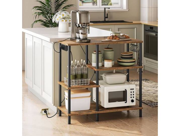 HOOBRO Étagère de Cuisine avec Prises Desserte de cuisine Support de Micro-Ondes avec 5 Crochets en Forme de S Marron