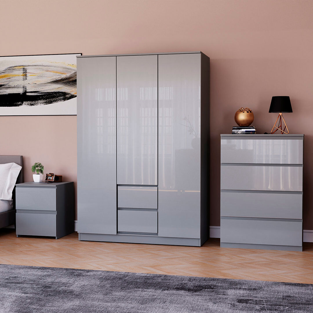 17 Stories Oslo 3 Piece Bedroom Set (2 Drawer Bedside Chest, 4 Drawer Chest, 3 Door 2 Drawer Wardrobe), (100% FSC) Grey