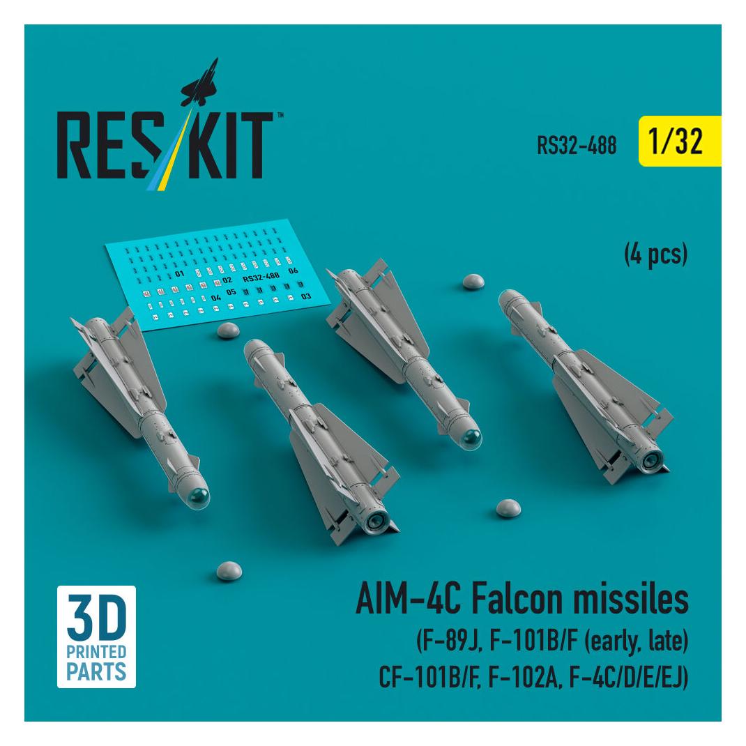 ResKit AIM-4C Falcon missiles (4 pcs) (F-89J, F-101B/F (early, late), CF-101B/F, F-102A, F-4C/D/E/EJ) (3D P (RS32-0488)
