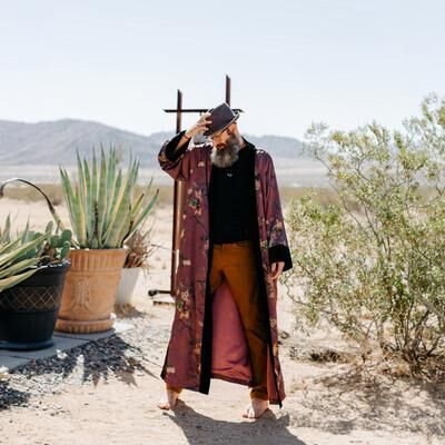 KIM + ONO Haruka Men's Long Kimono Robe   Velvet Trim Charmeuse Robe   KIM+ONO - rosewood / one size