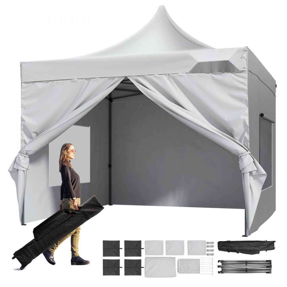 Pavillon 304,8x304,8x320cm - Gartenzelt 500D PolyurethanSilber-Gewebe - Faltpavillon höhenverstellbar inkl. Aufbewahrungstasche - Partyzelt für 6-8 Personen - Pop-up Zelt - Weiß - Gartenpavillon für Campingausflug