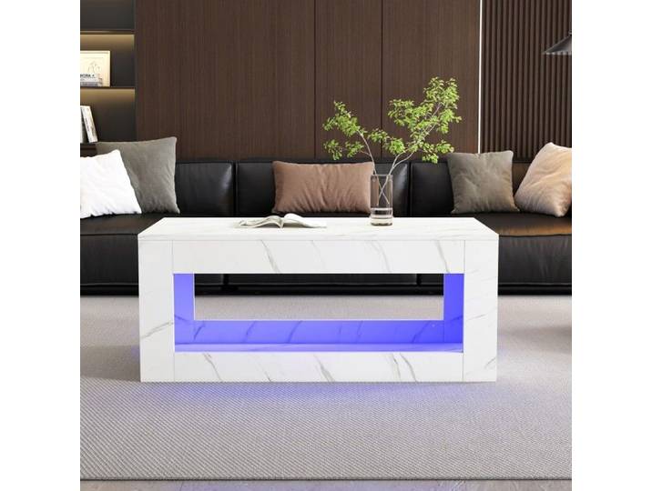 Table basse blanche moderne brillante 100x50x50 avec LED et télécommande grande table de salon pour canapé
