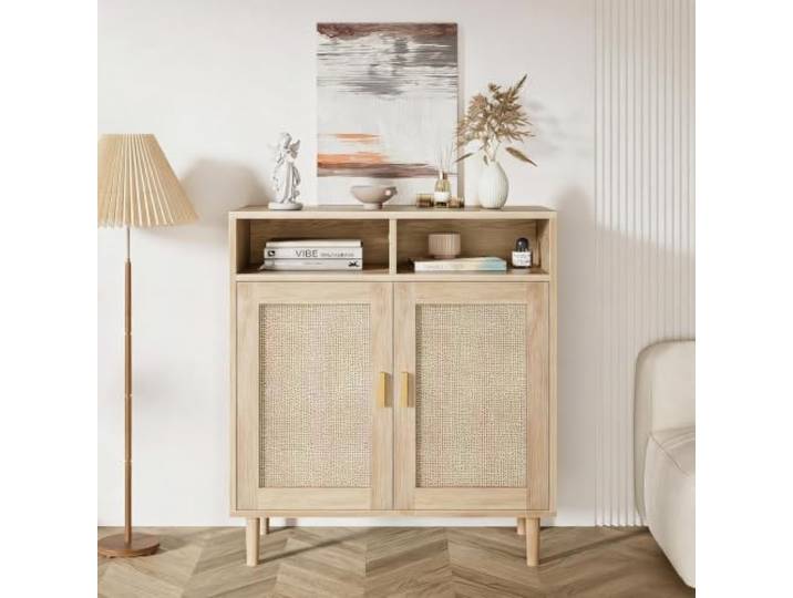 IDEALHOUSE Rattan Sideboard, Küchenschrank Mit Türen&Ablageboden Moderne Aufbewahrungsschrank für Wohnzimmer und Küche