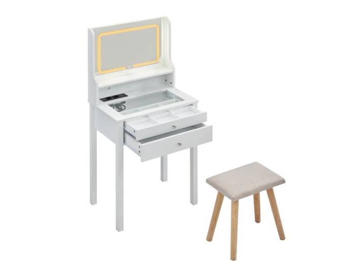Ensemble Coiffeuse et Tabouret COSTWAY Miroir LED Réglable Station de Charge Tiroirs Étagère et Plateau en Verre Cadeau Idéal
