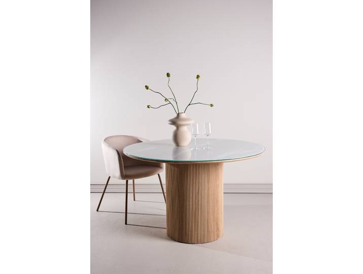 Esstisch VENTURE HOME Härön, runder Esstisch Ø 120 cm mit Glasplatte und Holzfuß, FSC , braun (natur, weiß, weiß), B:120cm H:75cm T:120cm, Tische, Esstisch, Esszimmertisch, transparente Platte, MDF-Mittelfuß, gerippt, hell