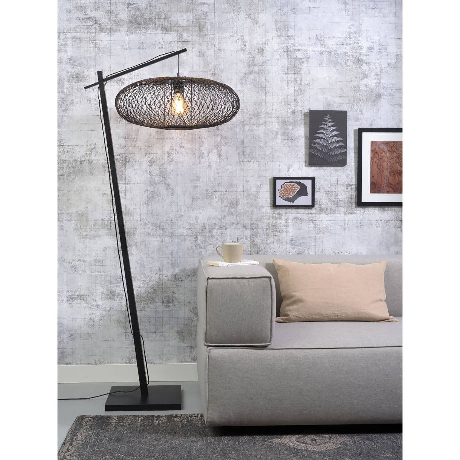 home24 Staande lamp Cango I zwart, Ø 60 cm, massief hout en metaal, E27