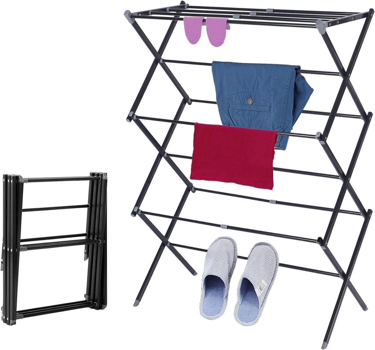 Compact en opvouwbaar droogrek met 3 niveaus in zwart, Hoogte: 104 cm