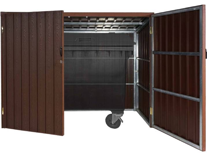 Mülltonnenverkleidung HWC-J29, Mülltonnenbox für Müllcontainer 660-770L, WPC Metall 172x213x112cm braun