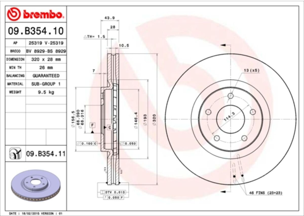 Bremsscheibe BREMBO 09.B354.11, vorne, belüftet, 1 Stück