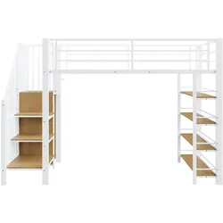 MODFU Hochbett aus Metall in Weiß, 90x200 cm, mit Treppe, Stauraum und Kleiderschrank