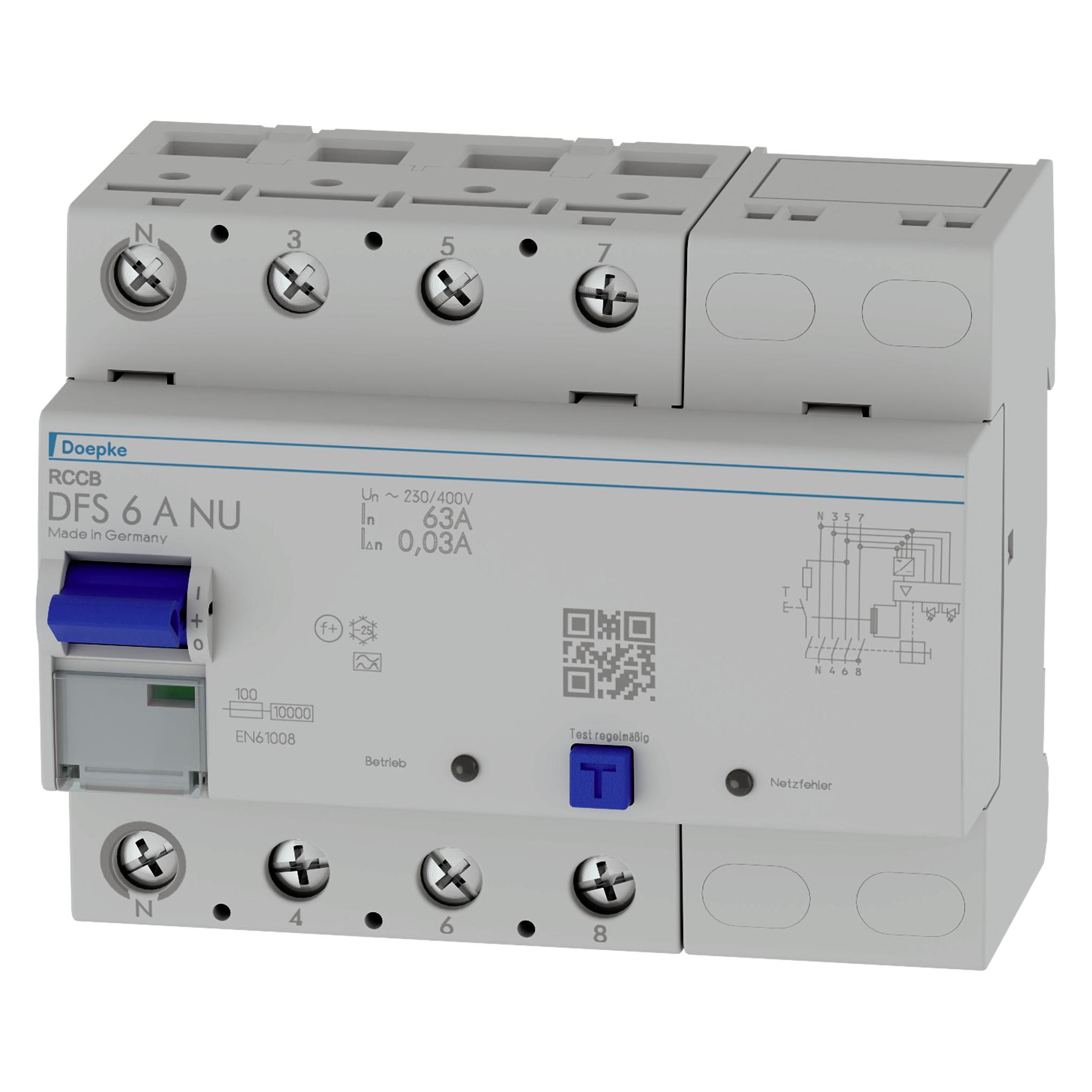 Doepke FI-Schutz mit Zusatz 4p 400V 63A 0,03A ÜberwEinh REG 6TE 3kA IP20 (DFS6063-4/0,03-ANU)