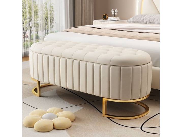 Banc de Rangement 120x40x42cm - Banquette Coffre de Chambre - Bout de Lit Rembourré - Salon - Velours Beige