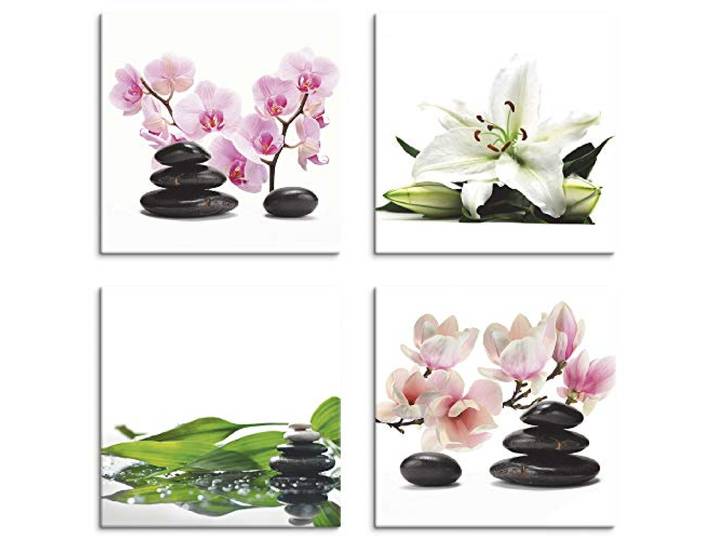 ARTLAND Wanddeko Wellness Bilder Leinwand Bilder Set 4tlg. je 30x30 cm Quadratisch Wandbilder Zen Stein Orchidee Lilie Spa Bambus Magnolie J4VI