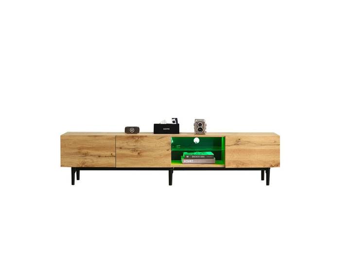 Merax Lowboard mit LED-Beleuchtung inkl. Fernbedienung, Wildeiche TV-Schrank, Fernsehtisch mit Glasablage,TV-Board,TV- Ständer,B:175cm
