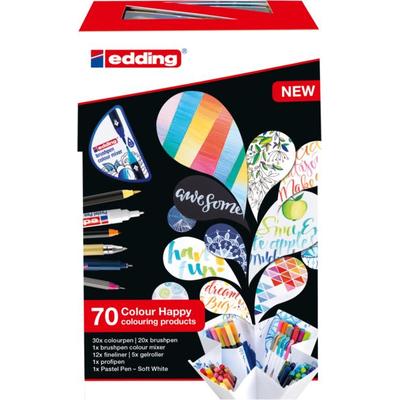 edding Brushpan Colour Happy Set, 70er Set mit Fasermaler, Pinselstifte, Fineliner, Gelroller, Farbmixer und Pastell-Stift