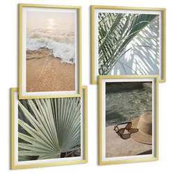 BILDER SET 4er Set - 50x50 cm & 40x60 cm Goldrahmen - Strandhut und Sonnenbrille