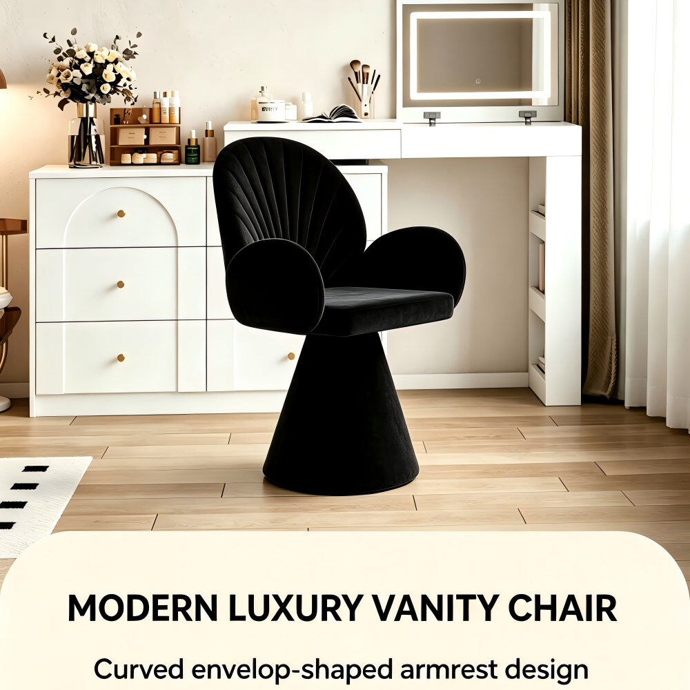 Canora Grey 360° Swivel Velvet Accent Vanity Chair, Modern Ergonomic Upholstered Dressing Chair, Stylish Makeup Seat for UK Home Bedroom Black 80cm H X 59cm W X 48cm D