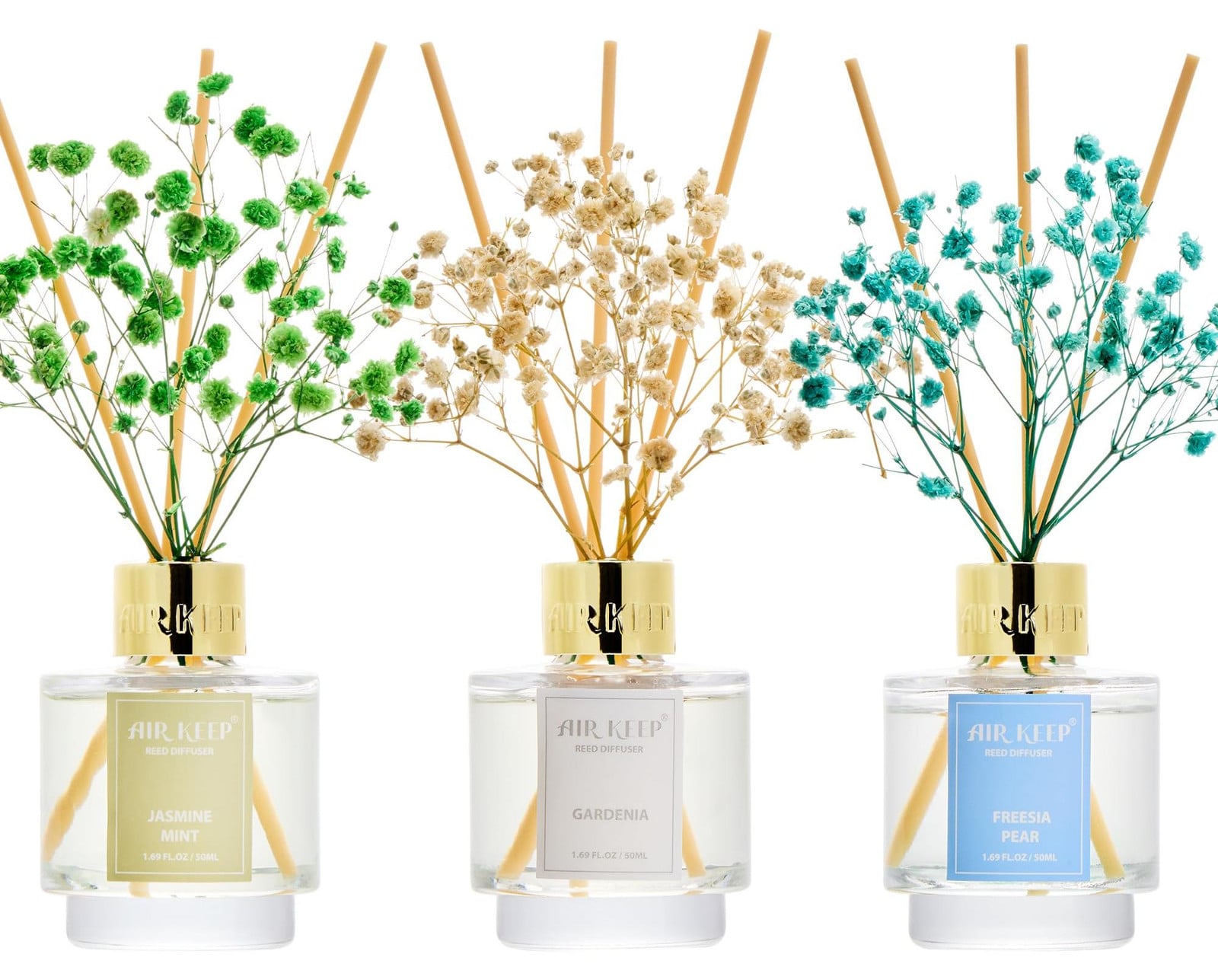 Dripio Diffuser-set met 3 flacons van 50 ml en 24 diffuserstokjes in de geuren jasmijn-munt, gardenia en freesia-peer