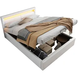 Merax LED Doppelbett 140x200 Polsterbett aus Kunstleder mit Lattenrost & Hydraulische Stauraum Weiß