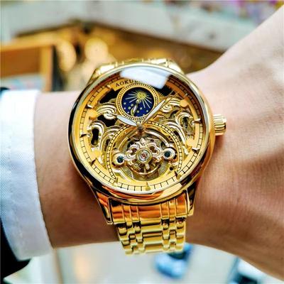 Inspired Finds Luxury Gold Skeleton Moon Phase Automatic Watch For Men With Luminous Hands Luxury Gold Skeleton Moon Phase Automatic Watch For Men With Luminous Hands