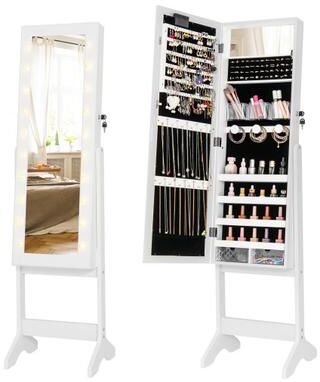 Costway Mirror Jewelry Cabinet with 20 Warm Lights and 4 Tilt Angles-White