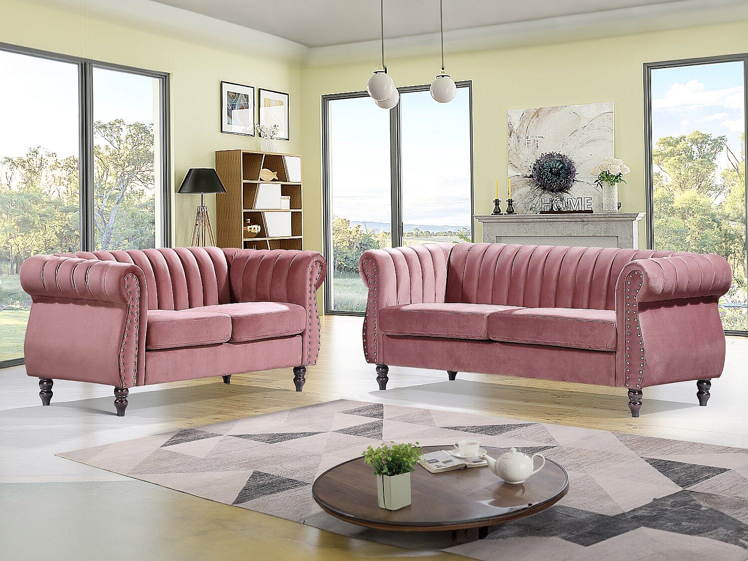 Unique Sofás chesterfield de 3 y 2 plazas de terciopelo rosa antiguo TRUMBO