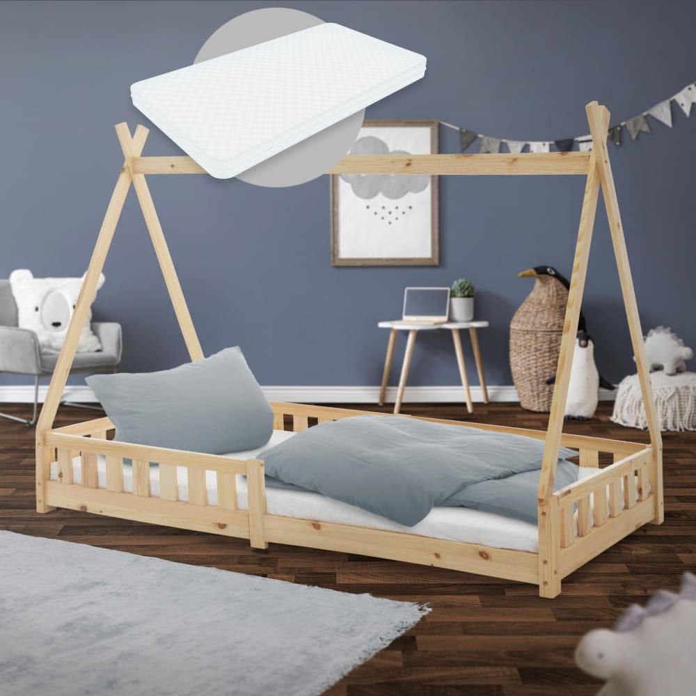ML-Design Cama infantil tipi 90x200cm natural con colchón, anticaída y somier