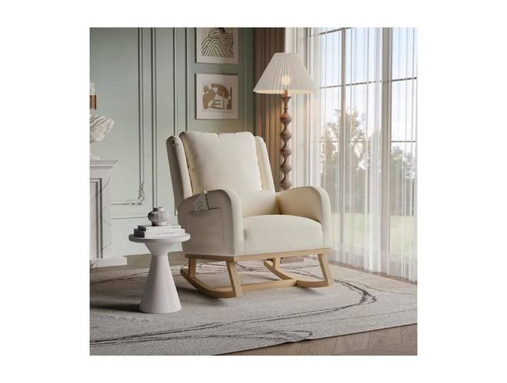 ADWOLT Fauteuil à Bascule Rocking Chair avec rangement de poche Chaise à Bascule avec Pieds en Bois Massif Beige Lin