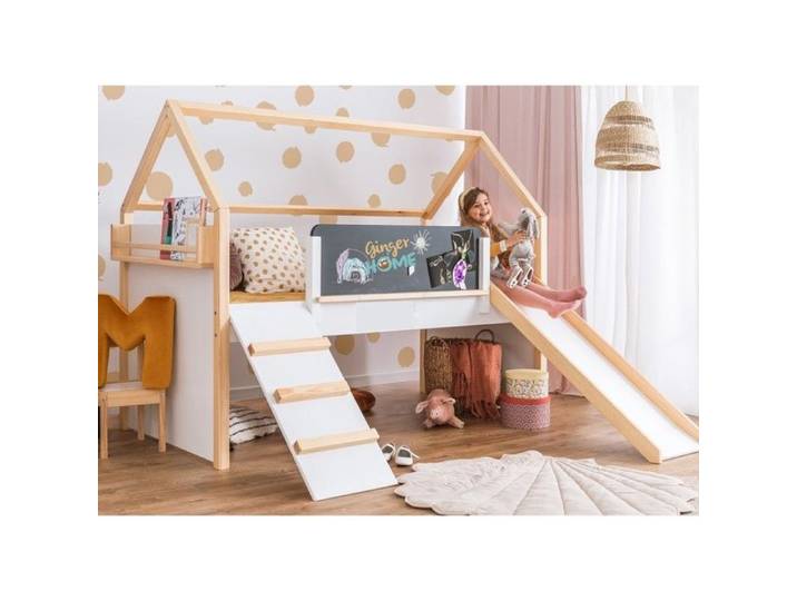 Lit Cabane Enfant - GINGER HOME - 90x200 cm - Toboggan Intégré - Tableau Noir - Bois Naturel