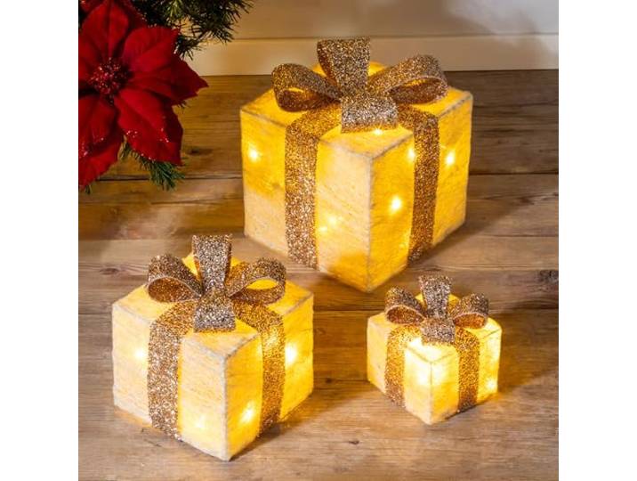Spetebo - Lot de 3 boîtes cadeaux LED avec minuterie - Couleur : crème - Éclairage décoratif en blanc chaud - Pour Noël\, l’avent\, l’hiver\, le sapin de Noël - Fonctionnent avec piles