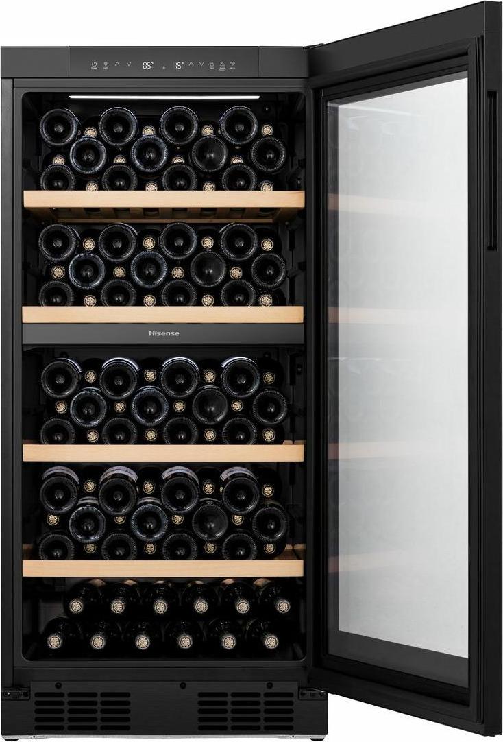 Hisense 20012962, Weinkühler mit Kompressor, Freistehend, 108 Flasche(n), F, Innenbeleuchtung, Schwarz