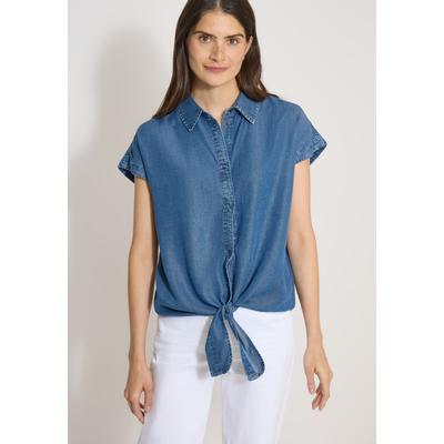 Kurzarmbluse CECIL, Damen, Gr. S (38), blau (mid blau wash), Stoff, 100% Lyocell, unifarben, klassisch normal, V-Ausschnitt, normaler Saum, Blusen, in Denim-Optik