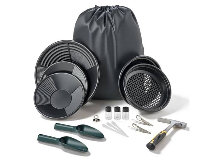 VEVOR Kit Complet d'Orpaillage Portable\, Batées d'Orpaillage de 254 mm et 355 mm\, 19 Pcs avec Tamis Classificateurs\, Aimant pour Sable\, Pioche\, Pelles\, Sac à Dos et Accessoires\, pour Prospection d'Or