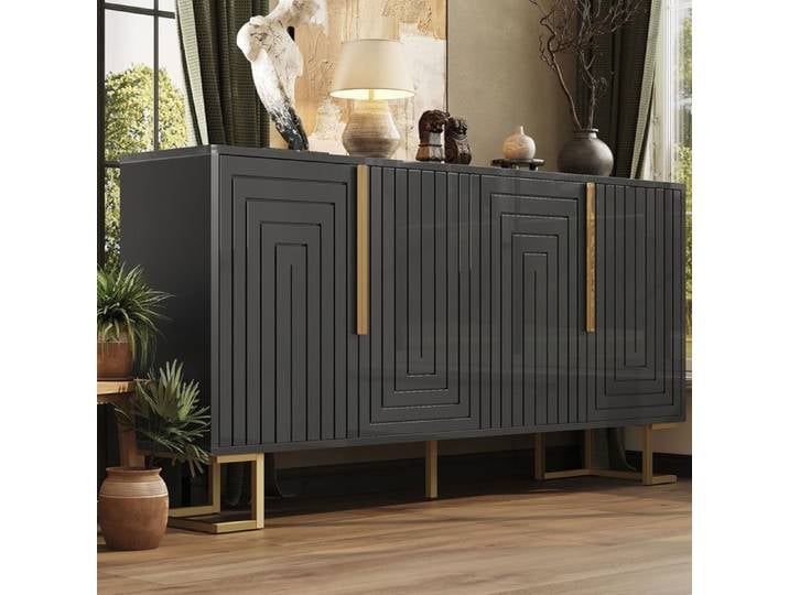 Buffet bas - SOGEU - 150x40x80 - design géométrique - poignées et pieds dorés - 2 portes 4 étagères