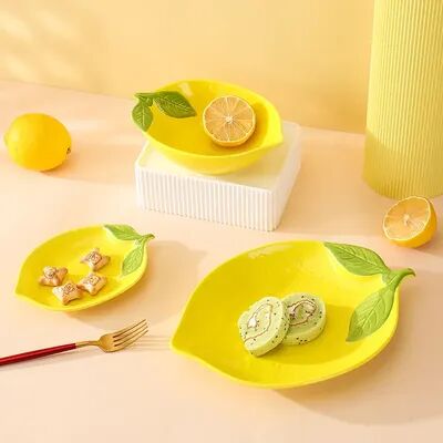 Combo Retail Shop Creative Cartoon Lemon Shaped Ceramic Dinner Plate, Soup Bowl, Family Fruit Snack Dishes, Kitchen Utensils lemon Plate