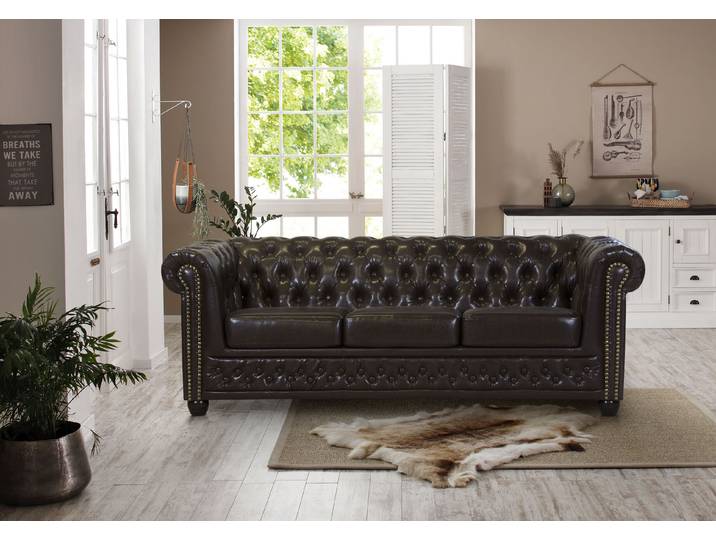 Chesterfield-Sofa HOME AFFAIRE Rysum , braun (dunkelbraun), B:203cm H:72cm T:86cm, Luxus-Microfaser Lederoptik (100% Polyester);Kunstleder, Sofas, Chesterfield-Optik, in 2 Bezugsqualitäten, 2 Ausf. schnell lieferbar