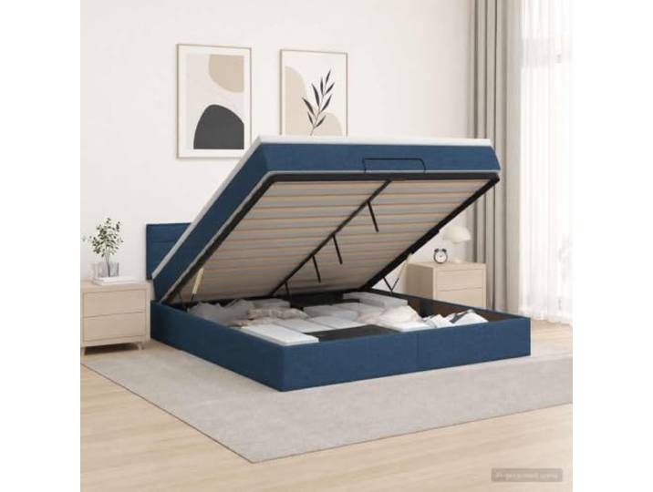 Ottomanbett mit blauer Matratze, 140 x 190 cm, Stoff Gasdruckfeder, Kopfteil höhenverstellbar, feste Latten, Taschenfedern, Topper inklusive