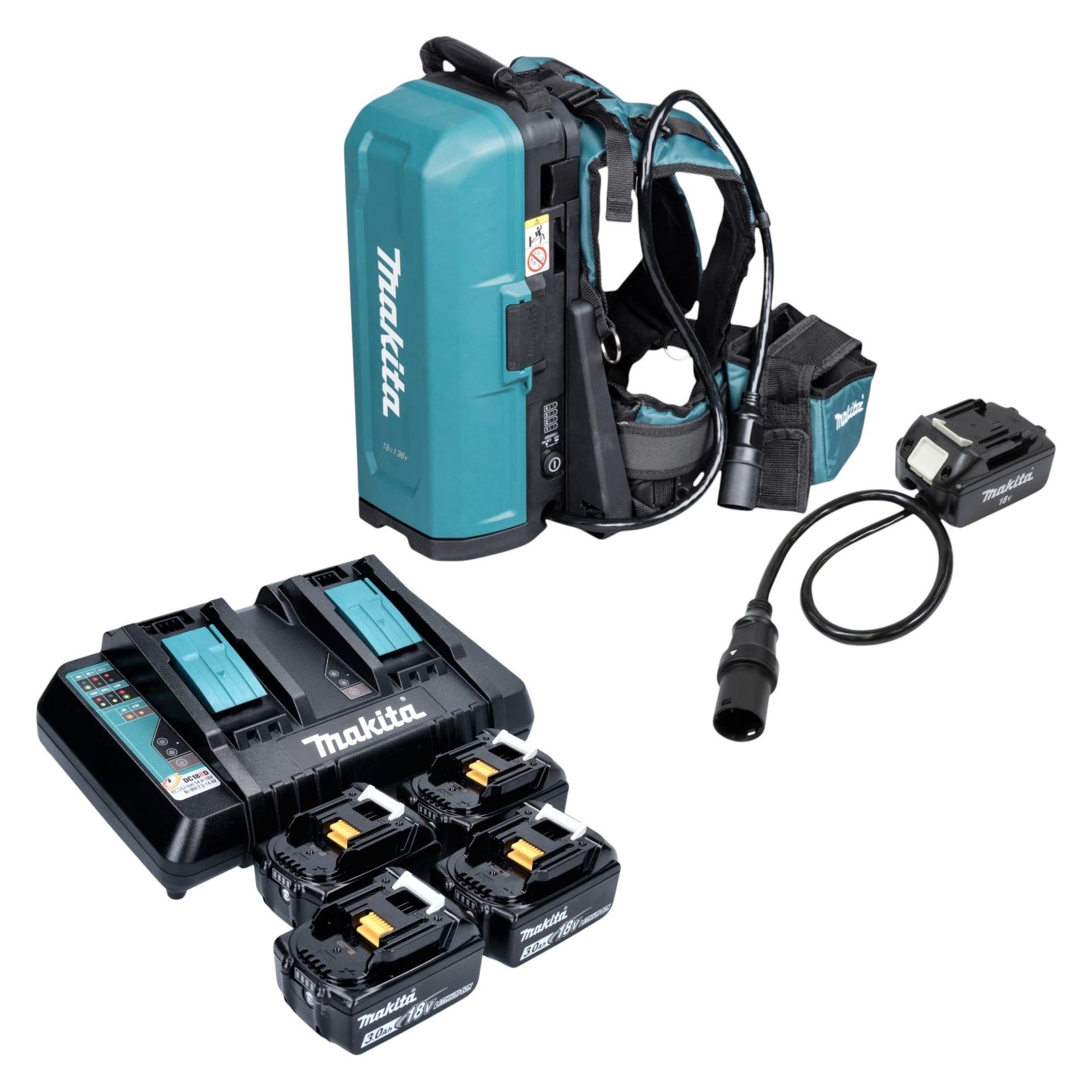 Makita PDC 01 Akku Rucksack 36 V ( 2x 18 V ) + Akku Adapter 18V + 4x Akku 3,0 Ah + Ladegerät (18 V) (191A59-5)
