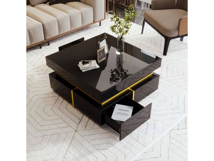 Table basse - Élégante noire - Finition brillante - Deux tiroirs - Design compact